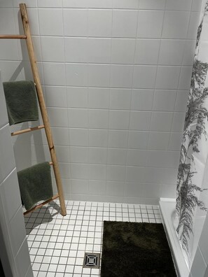 Dusche, Haartrockner, Handtücher, Seife