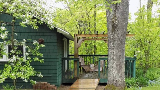A wooden deck leading to a house with a green exterior, surrounded by trees and a grassy area. - Quaint Private Bungalow (Woodstock)