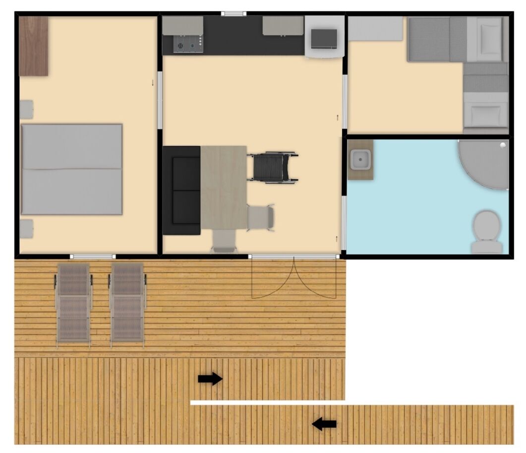 Un hôtel proposant des chambres dotées d’une chambre à coucher, d’une salle de bain, d’une kitchenette et d’un balcon.