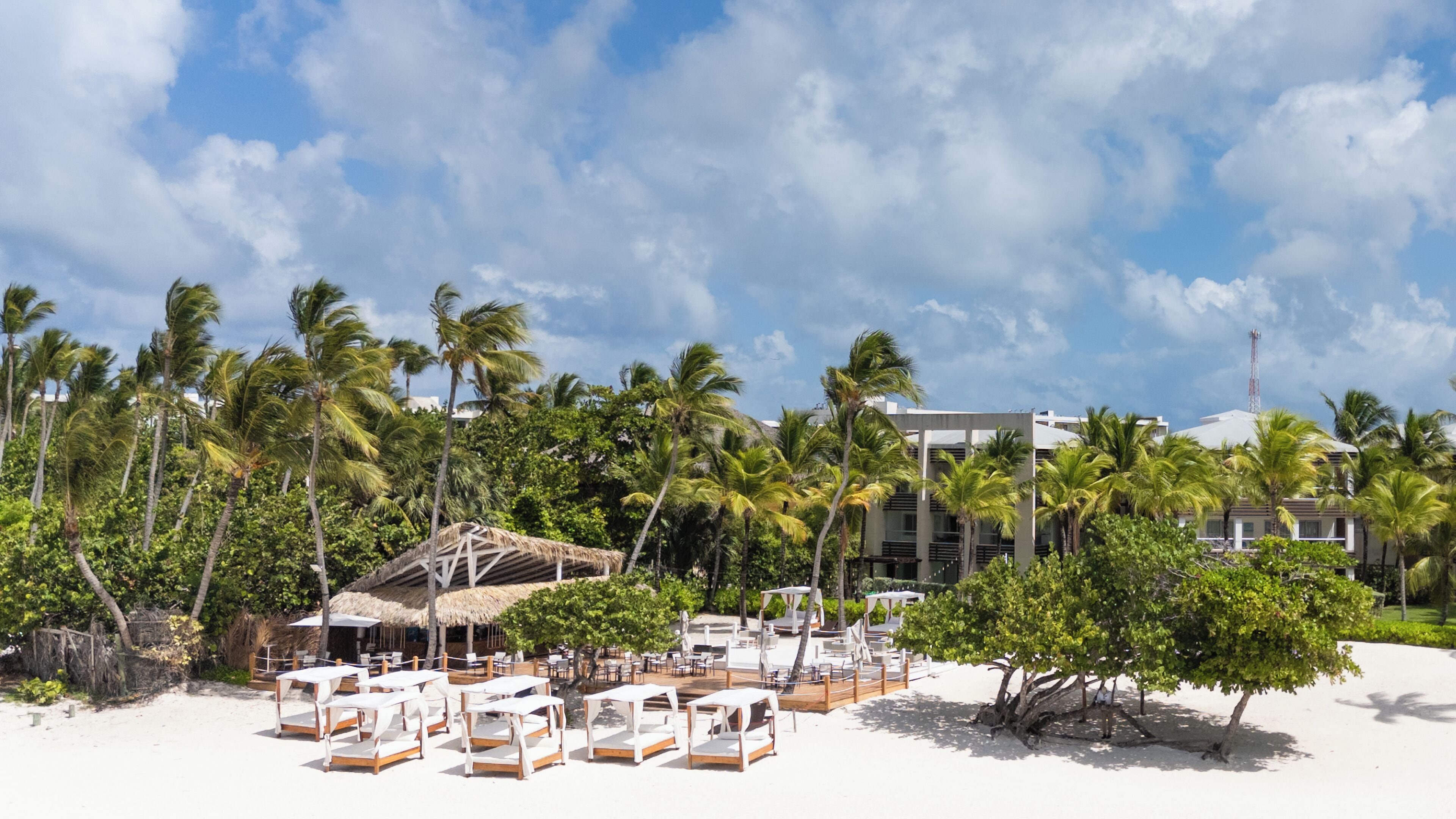 شاطئ خاص، رمال بيضاء، كراسي للتشمس، مظلات الشاطئ