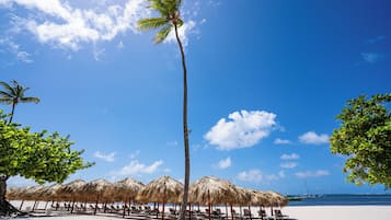 Praia particular, areia branca, espreguiçadeiras, guarda-sóis