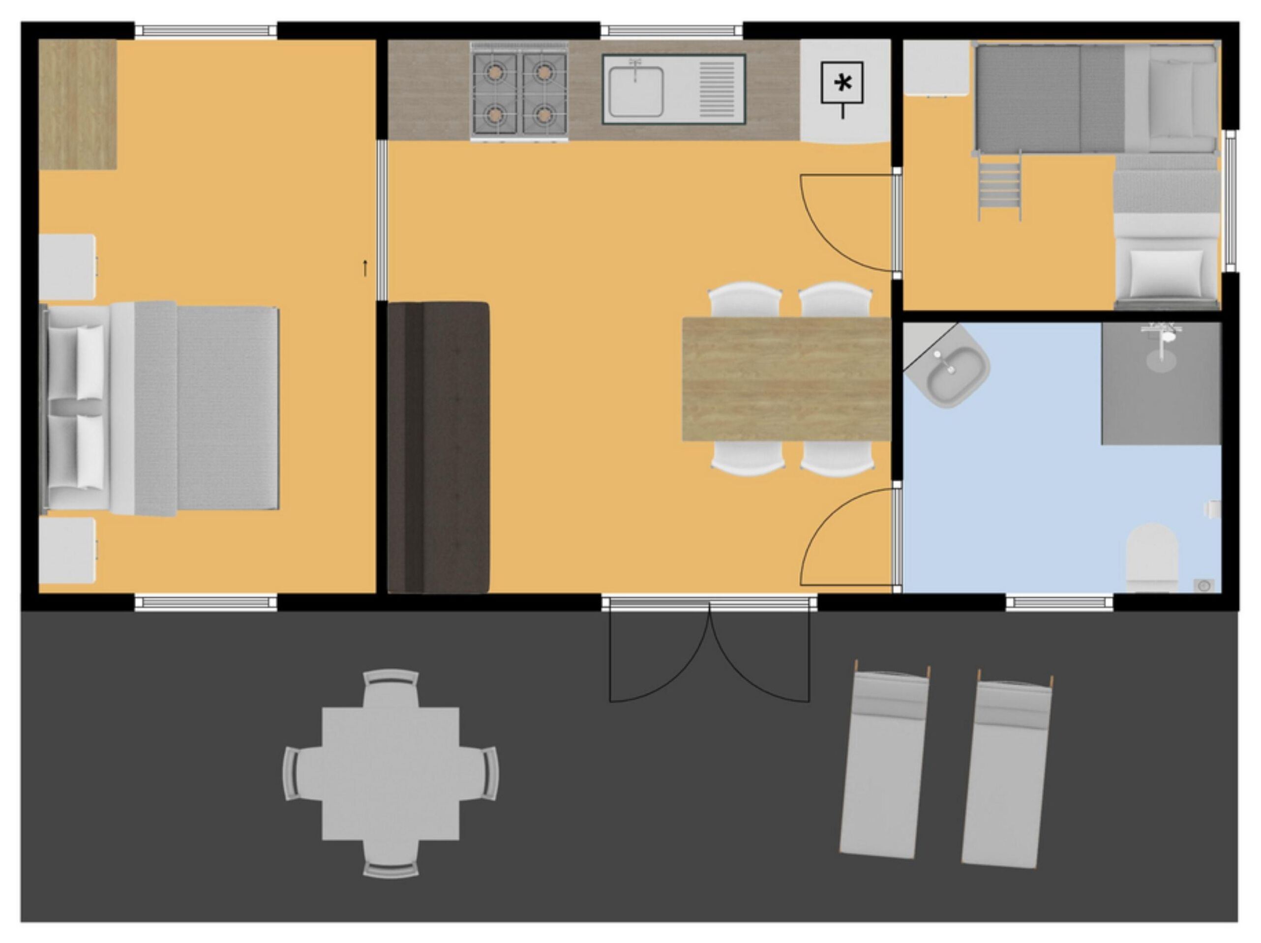 A hotel room layout with a bed, a desk, a chair, a small table, a sofa, a bathroom, and a kitchen area.