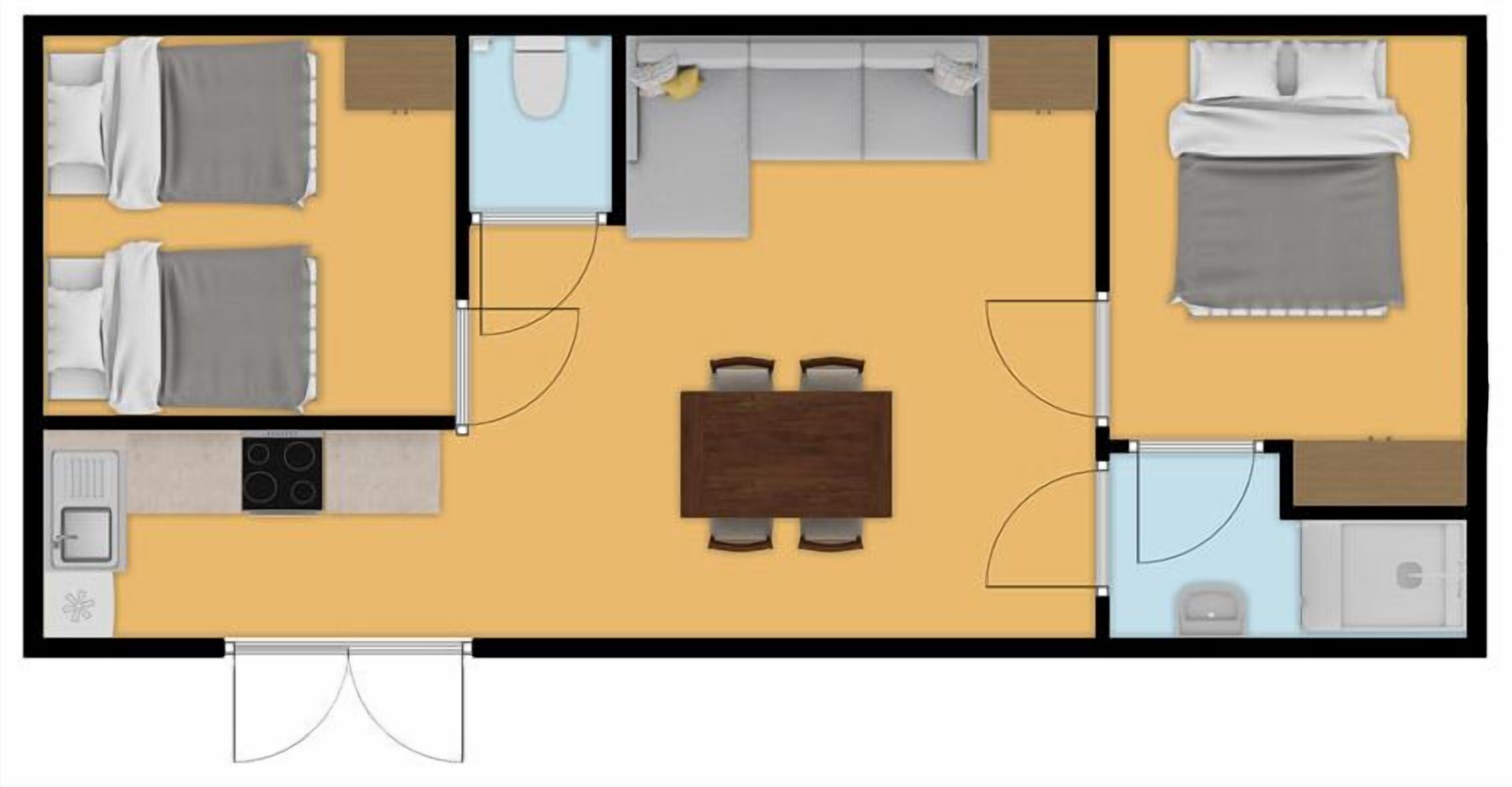 A floor plan of a hotel room with a bed, a sofa, a dining table, a kitchen area, and a bathroom.