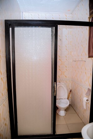 A bathroom with a toilet, a shower enclosure, and patterned walls.
