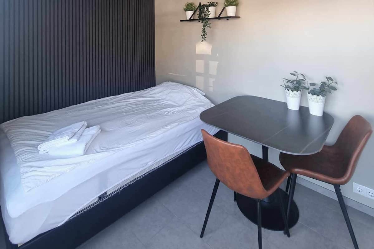 A compact room with a bed, a small table, two chairs, and a wall-mounted shelf with plants.