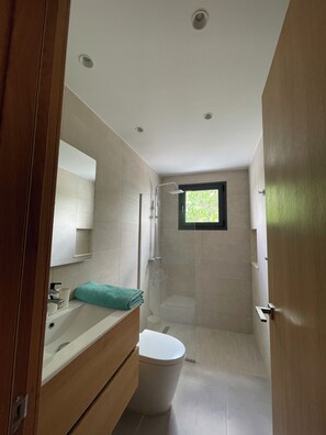 Shower, hair dryer, towels, soap