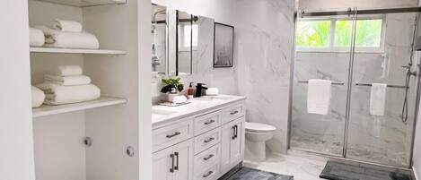 Shower, hair dryer, towels, soap