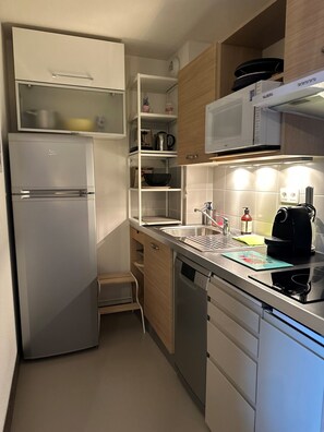 Fridge, microwave, dishwasher, coffee/tea maker