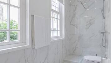 Shower, hair dryer, towels, soap