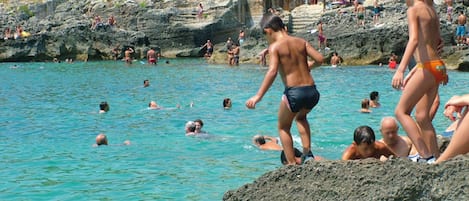 A rocky beach with people swimming and sunbathing.