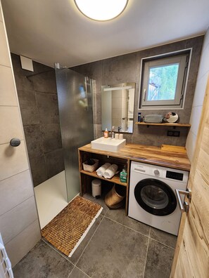 Shower, hair dryer, towels, soap