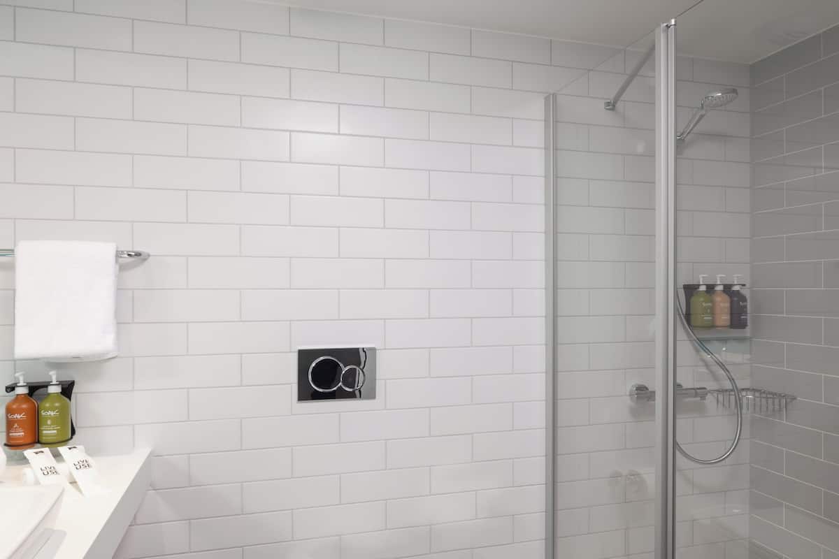 Shower, rainfall showerhead, eco-friendly toiletries, hair dryer