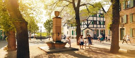 A cobblestone square with a fountain, historic buildings, and pedestrians.