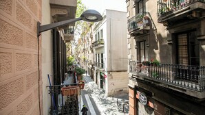 Una estrecha calle urbana flanqueada por edificios, con balcones adornados con plantas en macetas, una acera para peatones y un farol.