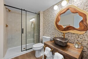 Bathroom features a glass-enclosed shower, toilet, and wooden vanity with a large mirror.