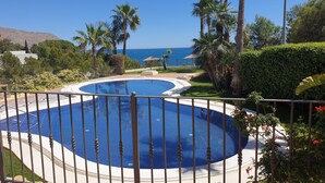 Une piscine à bord incurvé, entourée d’une clôture métallique, de palmiers et offrant une vue sur l’océan.