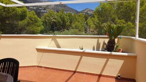 Un balcon donnant sur un paysage montagneux, avec une petite plante et une chaise.