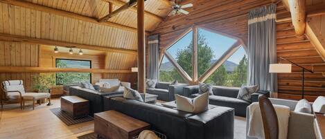 Smart TV, fireplace, table football, books