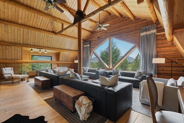 Smart TV, fireplace, table football, books