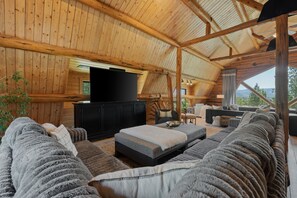 Smart TV, fireplace, table football, books