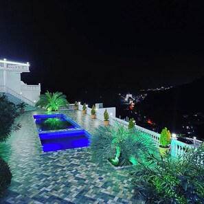 Vue nocturne d’un jardin sur le toit, avec une piscine illuminée de lumière bleue, des plantes en pot et une rambarde blanche.
