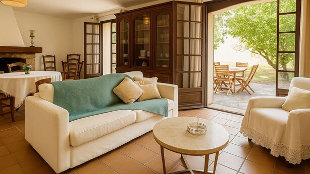 A cozy living room with a white sofa, a small round table, and a dining area with a table and chairs. - Villa Caline | Wi-Fi, Clim, 150 m from the beach (Lucciana)