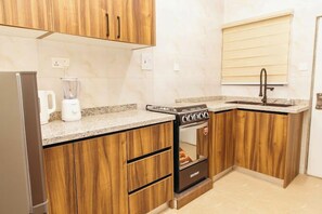 Apartamento júnior, sacada, vista para a cidade | Cozinha privada | Geladeira, micro-ondas, fogão, cooktop