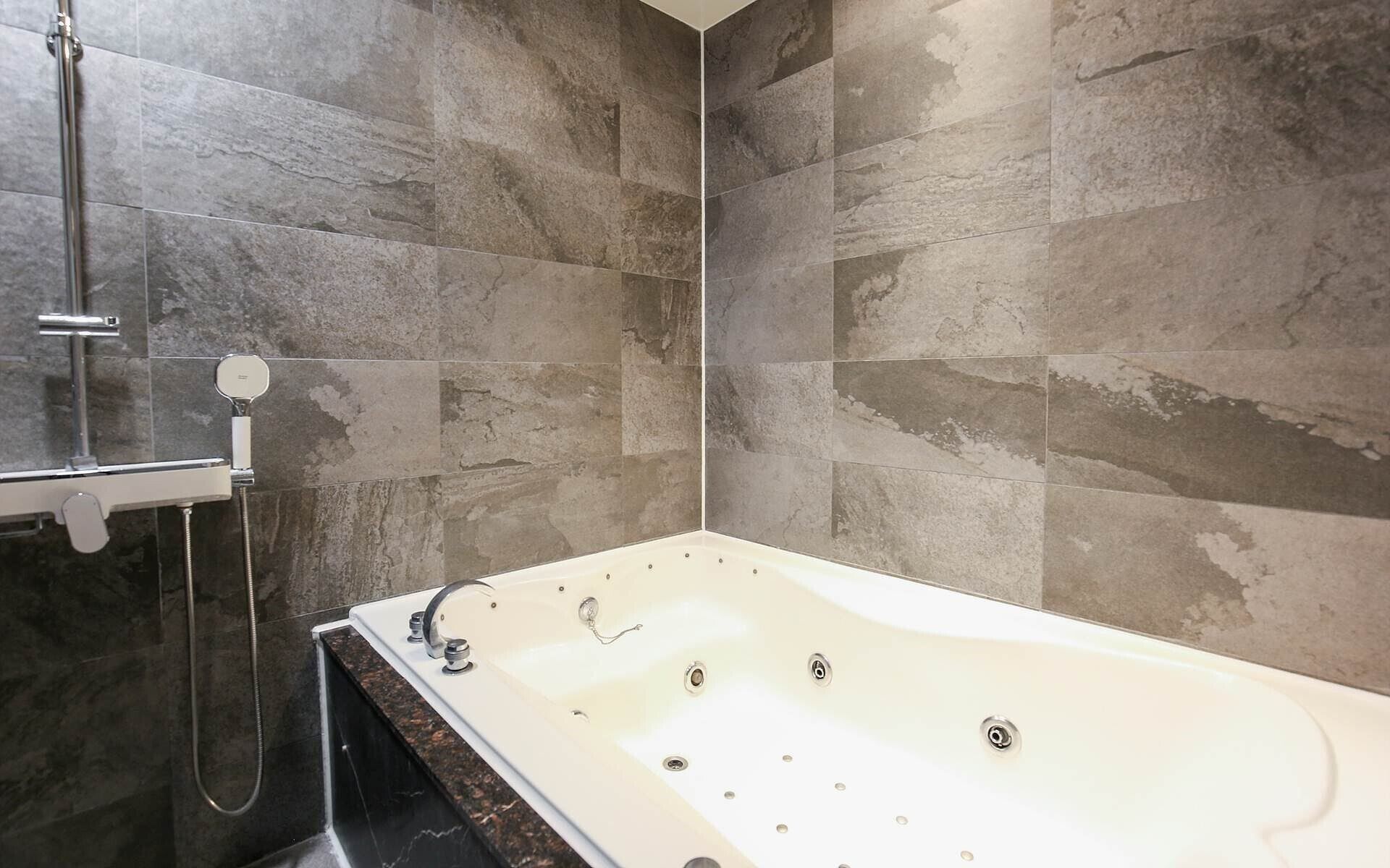 A modern bathroom with a freestanding bathtub, a showerhead, and a handheld shower attachment.