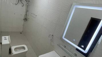 Shower, towels, toilet paper