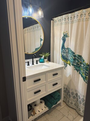 Shower, towels, soap, toilet paper