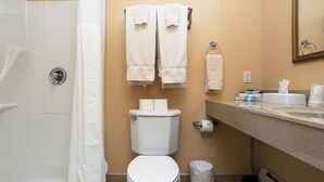 A bathroom with a toilet, a sink, a mirror, and a shower. - A Suite Place .5 mi from Beach (Michigan City)
