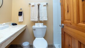 A bathroom with a toilet, a sink, a trash can, and a wooden door. - A Suite Place .5 mi from Beach (Michigan City)