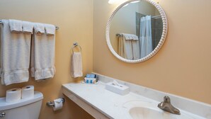 A bathroom with a toilet, sink, mirror, and towels.