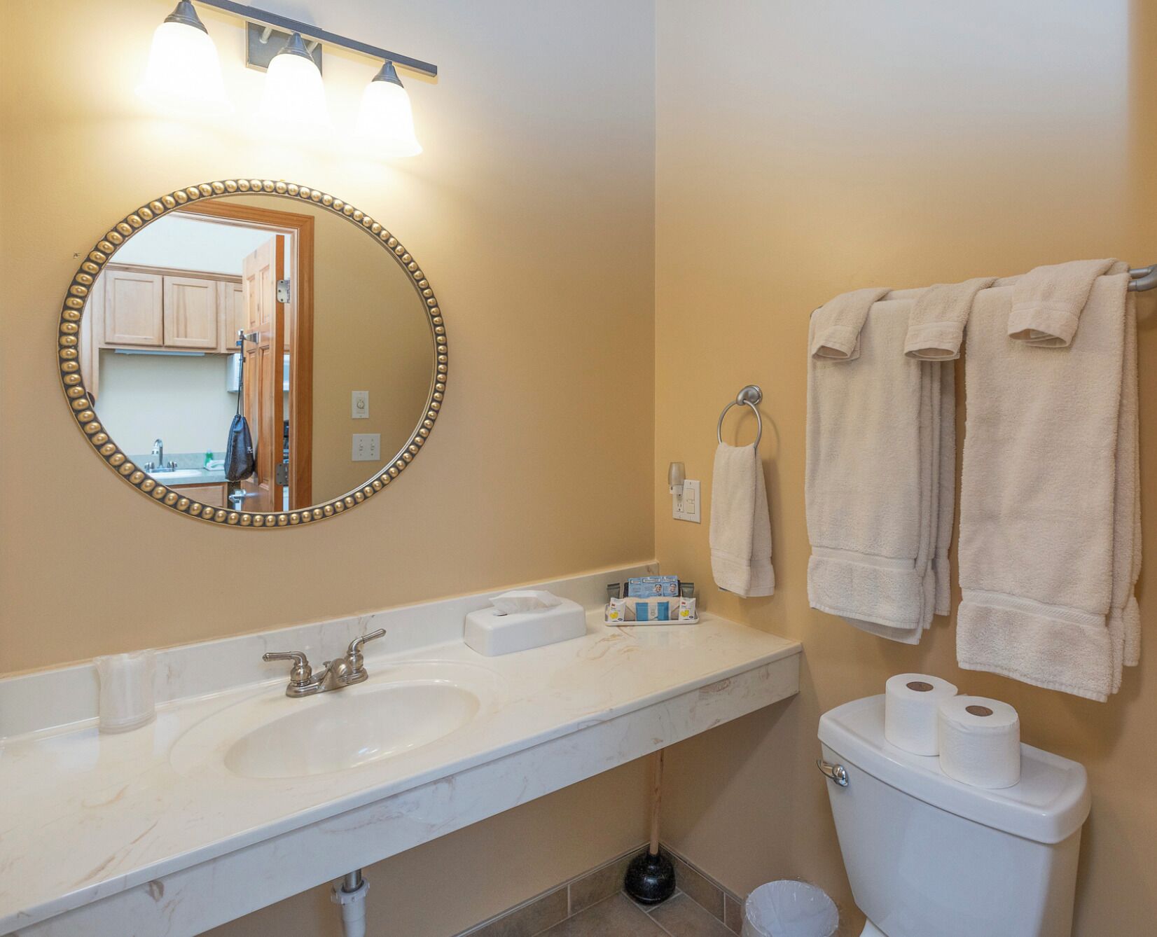 Jetted tub, hair dryer, towels