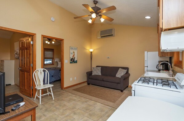 A compact living space with a kitchenette, a ceiling fan, a sofa, a dining table, and a television.