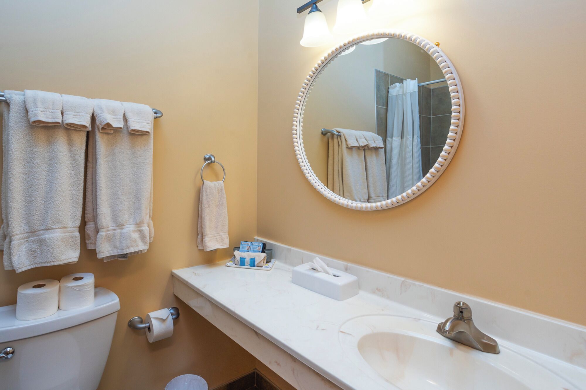 Jetted tub, hair dryer, towels