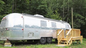 Ein silberner Wohnmobil mit Holldeck und Stufen, geparkt in einer grünen Umgebung mit Bäumen im Hintergrund.