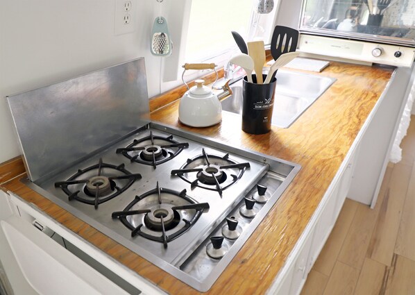 Fridge, oven, stovetop, coffee/tea maker