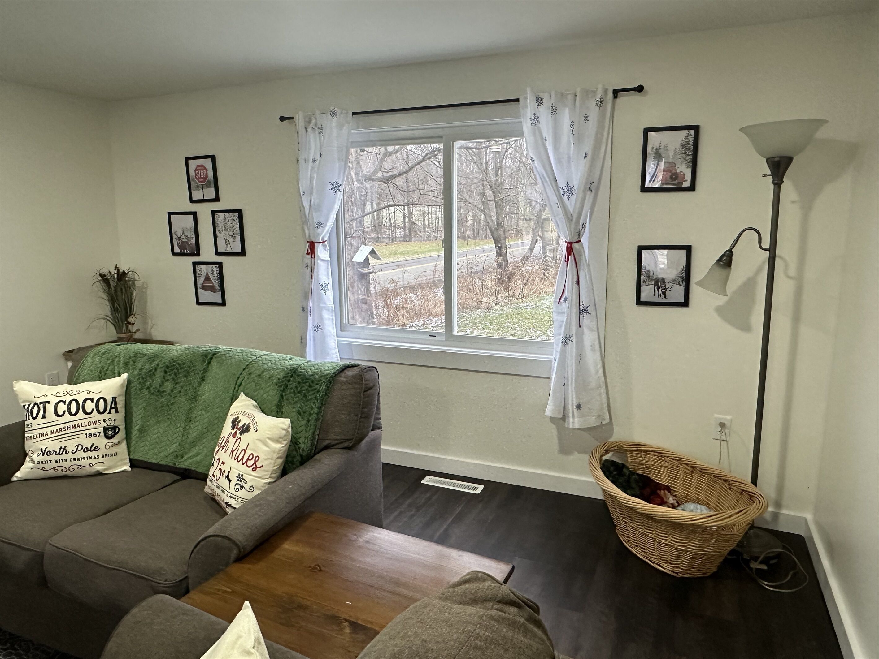 Ein Wohnzimmer mit einem grauen Sofa, einer grünen Decke und einem Fenster mit weißen Vorhängen. An der Wand hängen gerahmte Bilder und es steht eine Stehlampe.