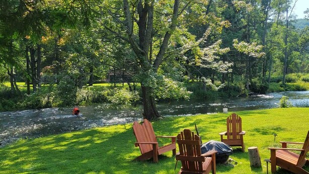 Un espacio verde con sillas y mesa de madera, rodeado de árboles y un río.