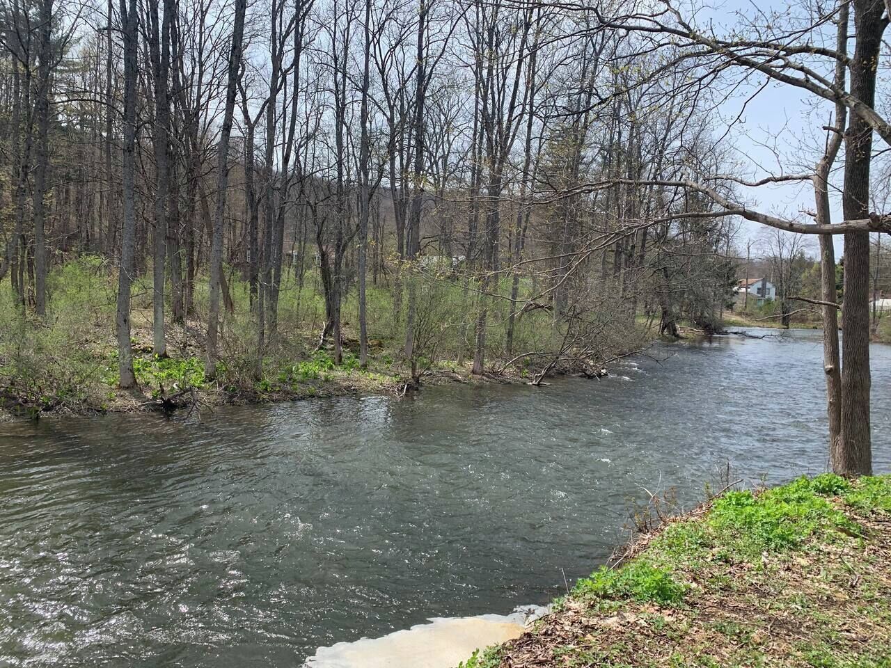A river flowing through a wooded area with trees and a grassy bank.