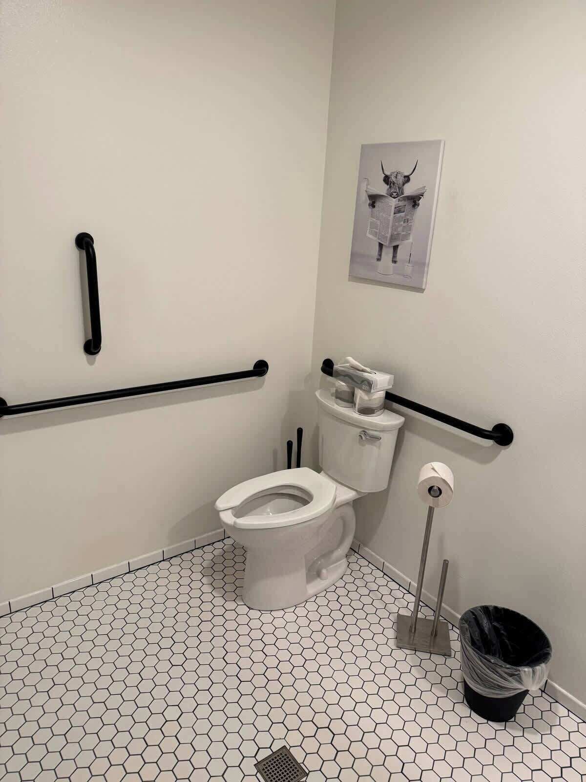 A small, white bathroom with a white toilet, a black grab bar, a white trash can, and a hexagonal tile floor.