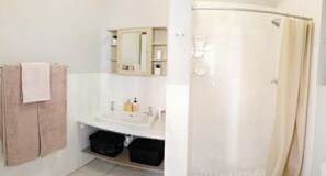 Shower, hair dryer, towels, soap