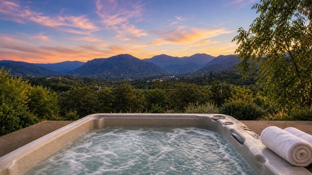 Un bain à remous avec vue sur les montagnes et la ville.