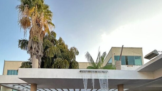 Una piscina con elemento d'acqua, palme e un edificio moderno sullo sfondo.