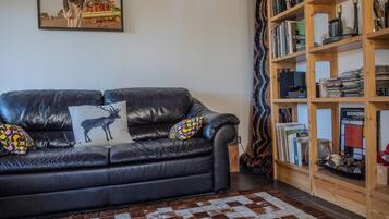 Een zwarte leren bank met decoratieve kussens, een vloerkleed met een patroon en een houten boekenkast vol boeken en decoraties.
