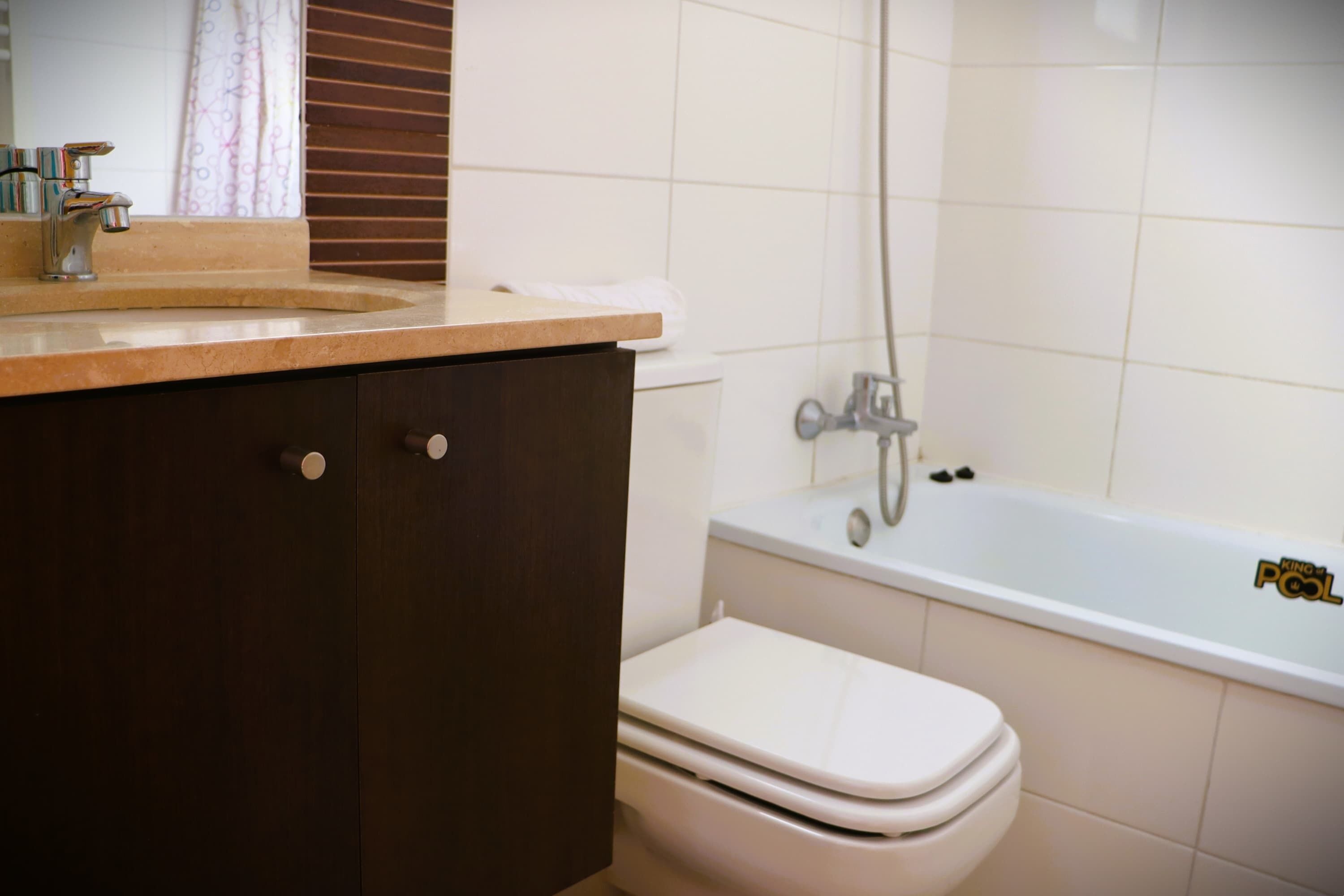 Chuveiro, secador de cabelo, toalhas de banho, shampoo