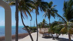 A beach view with palm trees and a thatched-roof structure. - Matecumbe Resort (Islamorada)