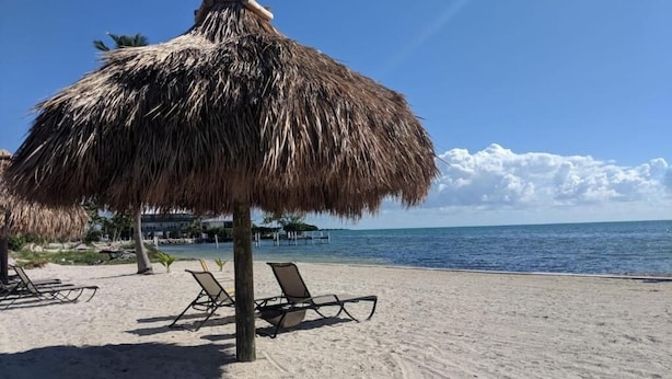 A beach with a thatched umbrella, lounge chairs, and a clear view of the ocean. - Matecumbe Resort (Islamorada)