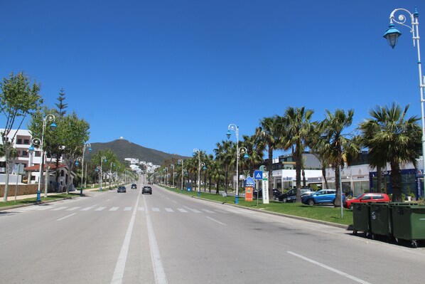 A wide, multi-lane road with palm trees and street lamps.